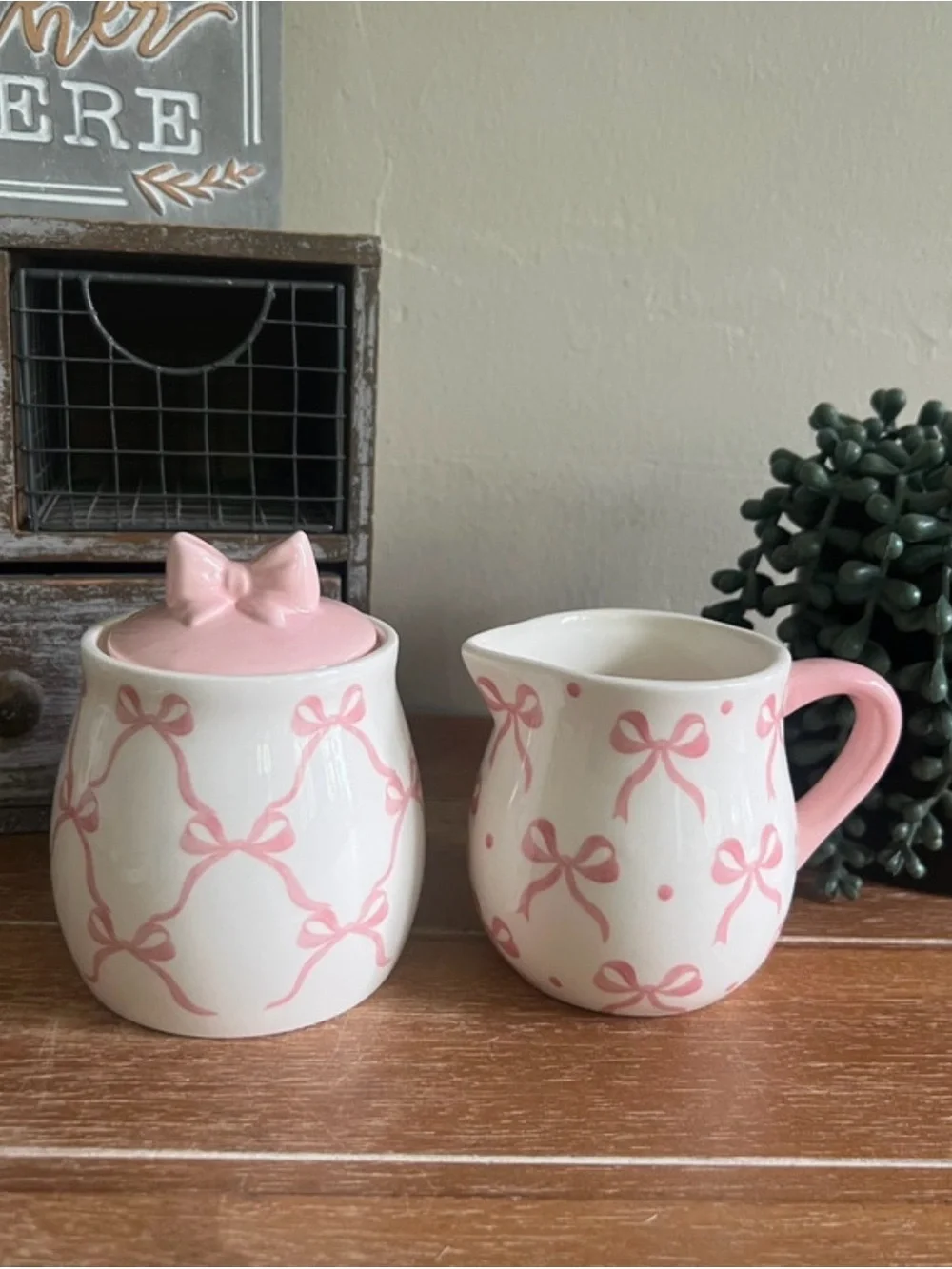 New Pink Bow Ceramic Sugar Bowl and Creamer
